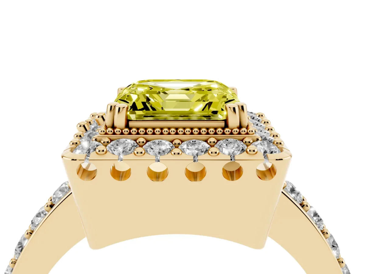 Fancy Yellow Asscher Cut Diamond Halo Ring with Pavé Band and Prong Setting Yellow gold
