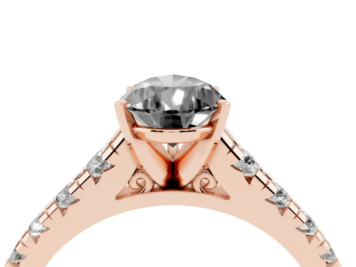 Fancy Black Pear Cut Diamond Cathedral Solitaire Ring with Round Pavé Band Rose gold