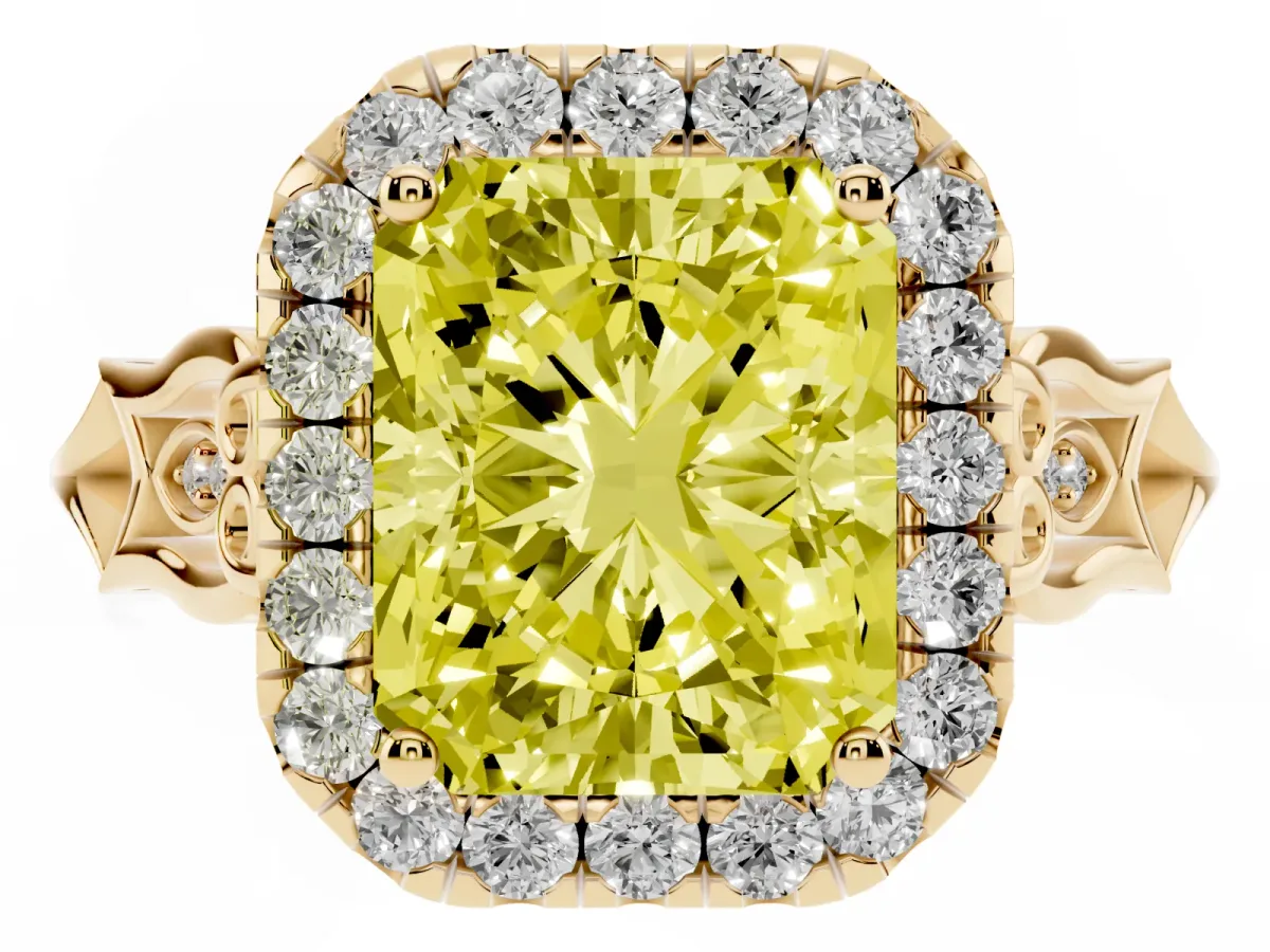 Fancy Yellow Radiant Cut Halo Diamond Engagement Ring with Filigree Band and Four-Prong Setting Yellow gold