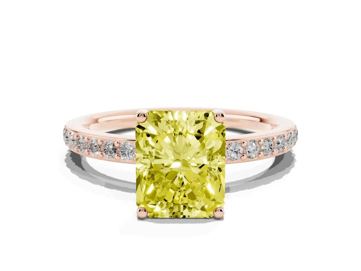 Fancy Yellow Radiant Cut Cut Diamond Pavé Band Ring with Four-Prong Setting Rose gold