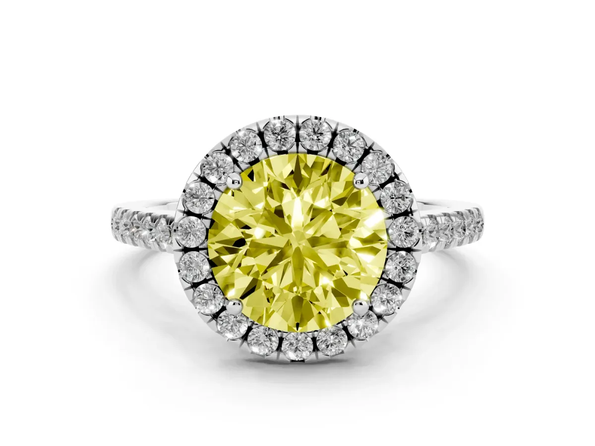 Fancy Yellow Round Cut Halo Pavé Diamond Engagement Ring with Four-Prong Setting Silver