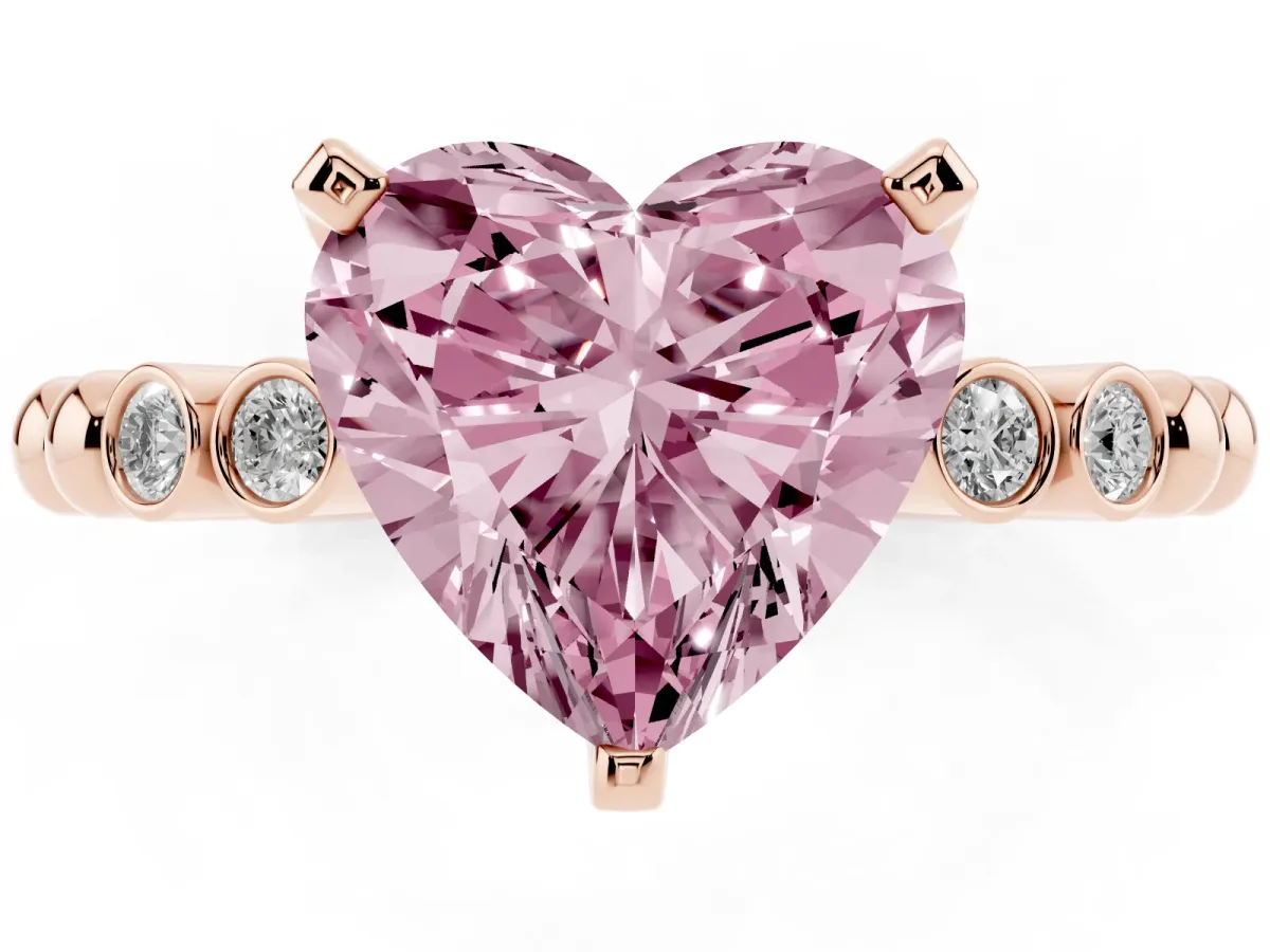 Fancy Pink Heart Cut Solitaire Bezel Accent Diamond Engagement Ring with Beaded Band and Four-Prong Setting Rose gold