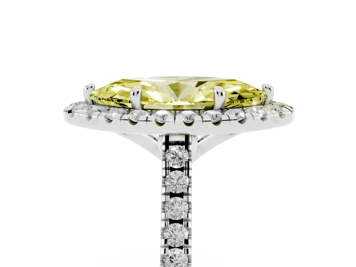 Fancy Yellow Marquise Cut Diamond Cushion Halo Ring with Pavé Band Platinum