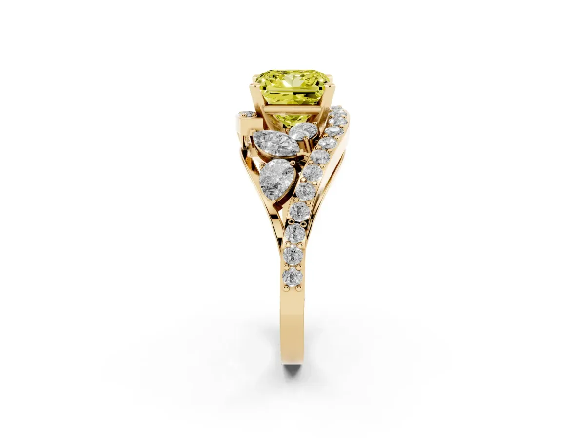 Fancy Yellow Princess Cut Diamond Halo Ring with Marquise and Pavé Band in Prong Setting Yellow gold