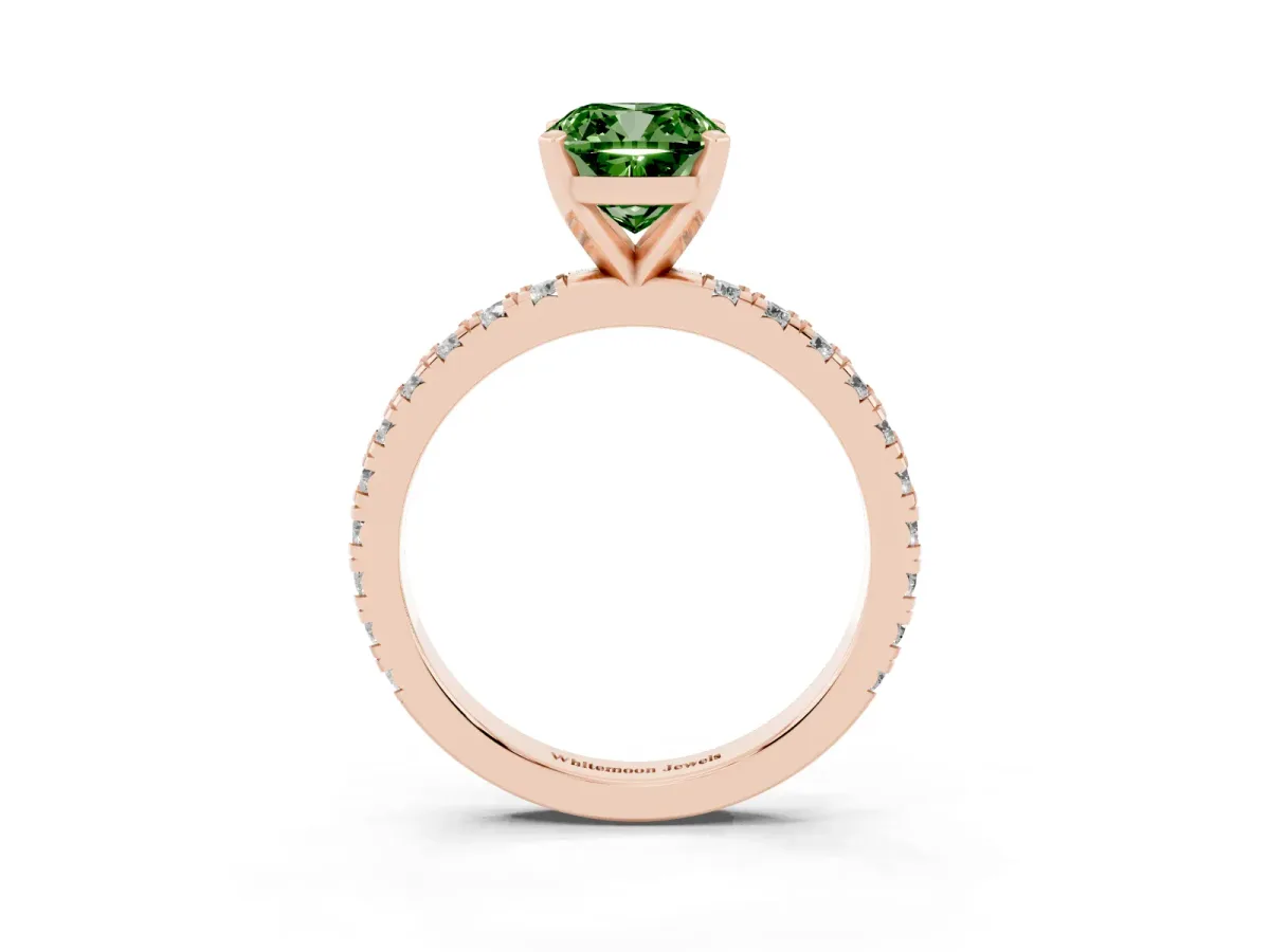 Fancy Green Cushion Cut Diamond Pavé Band Solitaire with Four-Prong Setting Rose gold