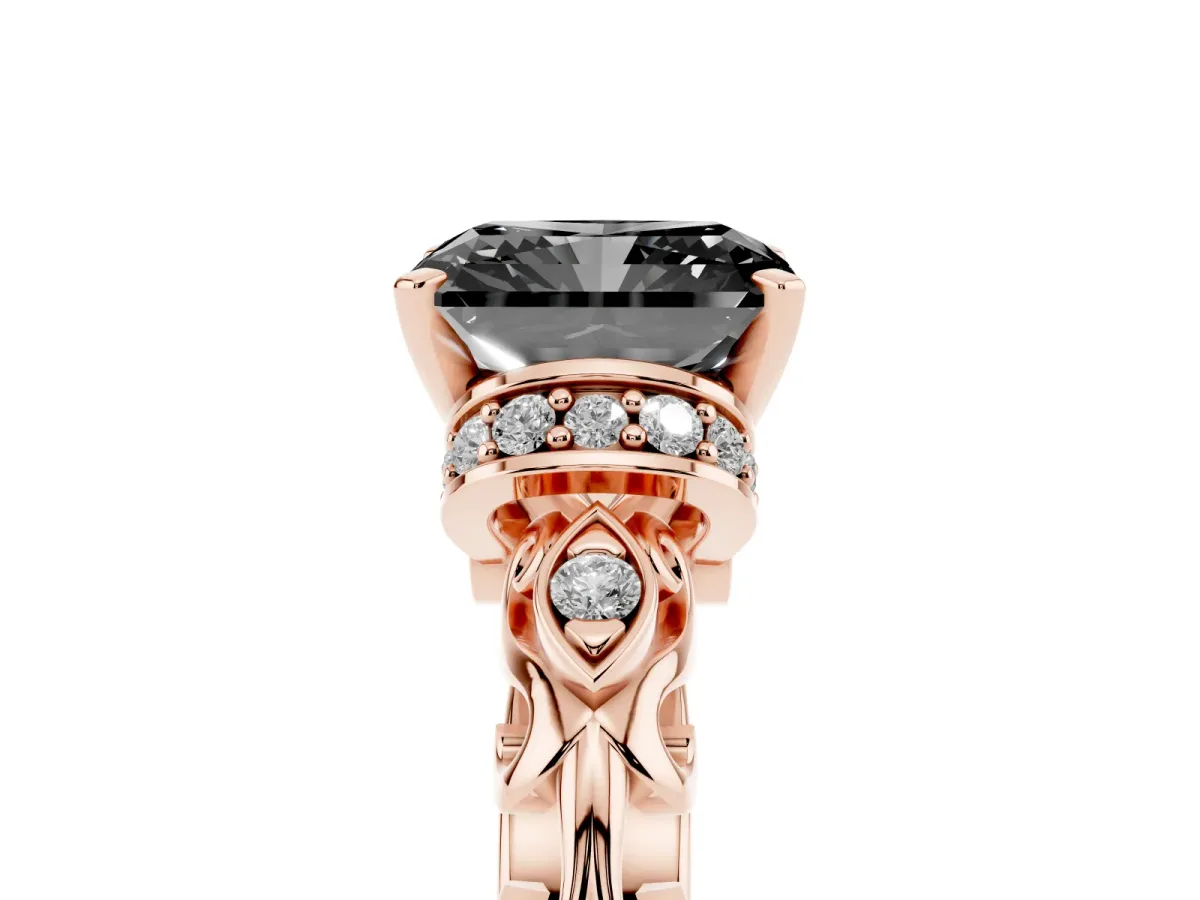 Fancy Black Radiant Cut Diamond Solitaire Ring with Filigree Band and Four-Prong Setting Rose gold