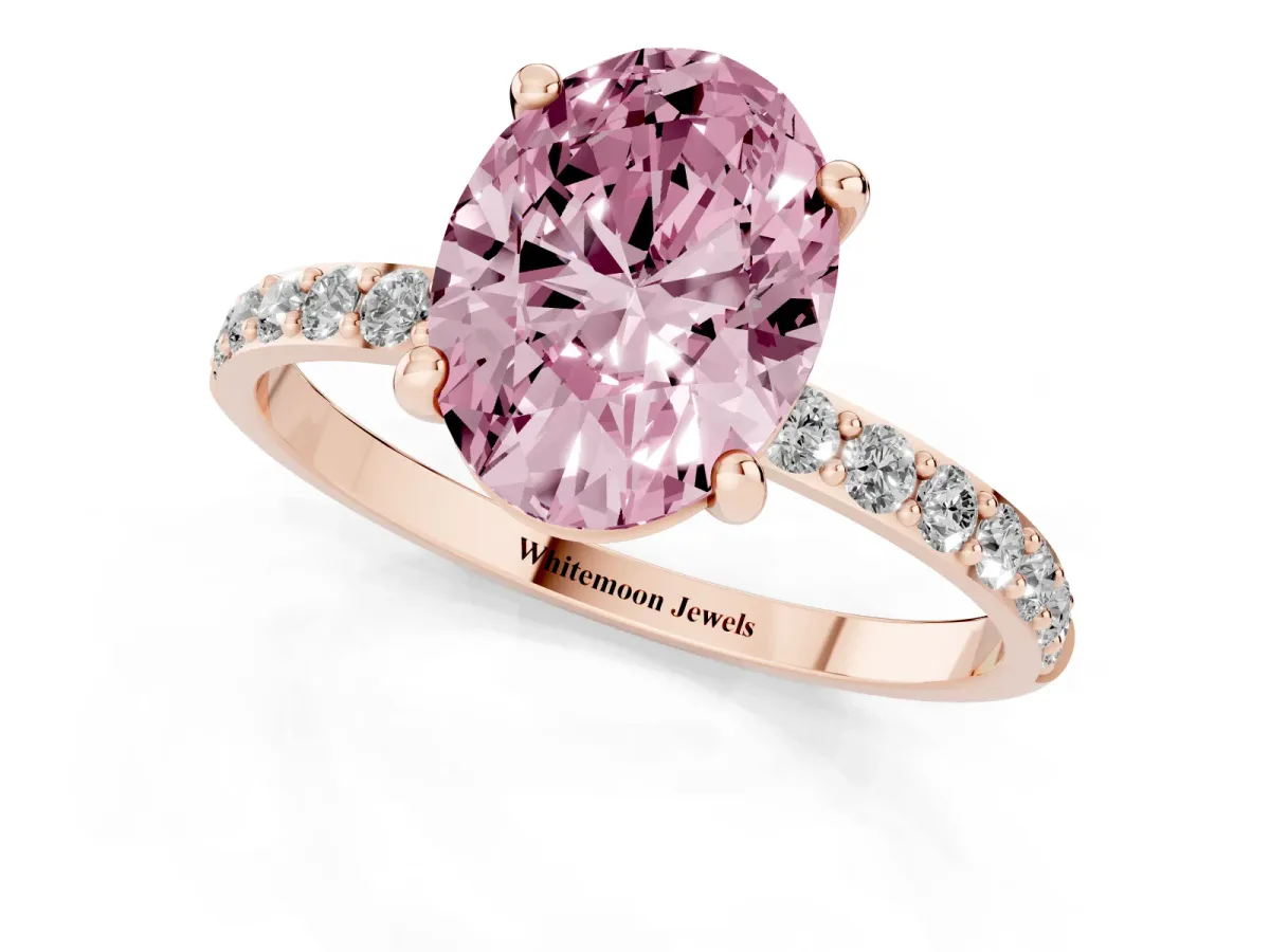 Fancy Pink Oval Cut Diamond Solitaire Ring with Round Pavé Band and Prong Setting Rose gold