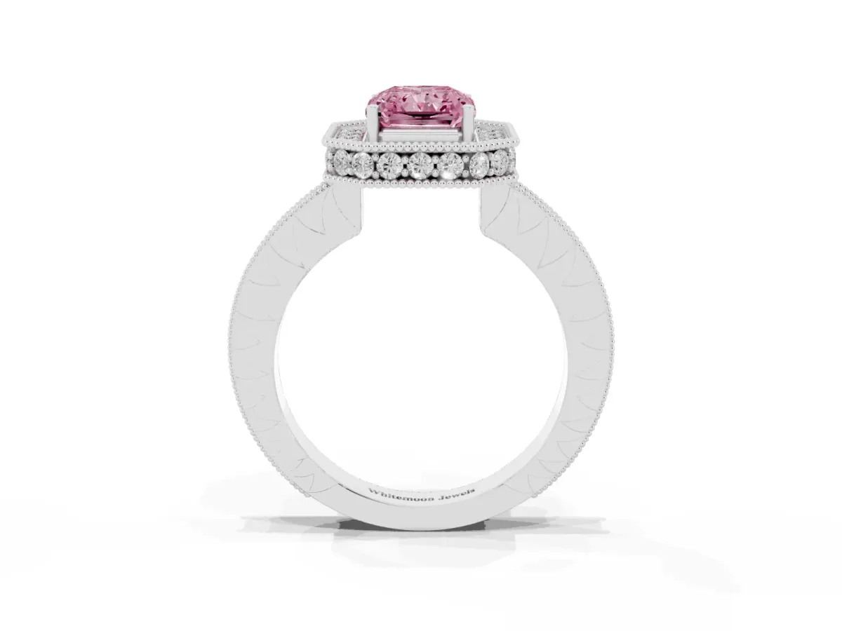 Fancy Pink Radiant Cut Diamond Milgrain Halo Engagement Ring with Round Pavé Band and Prong Setting Platinum