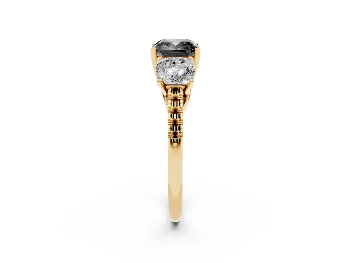 Fancy Black Three-Stone Cushion Cut Diamond Ring with Round Pavé Band and Prong Setting Yellow gold