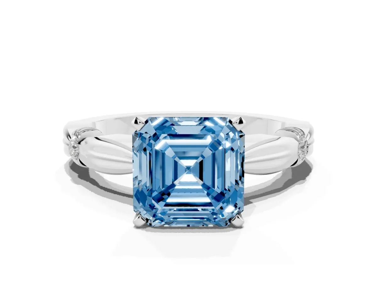 Fancy Blue Asscher Cut Solitaire Diamond Twisted Band with Four-Prong Setting White gold