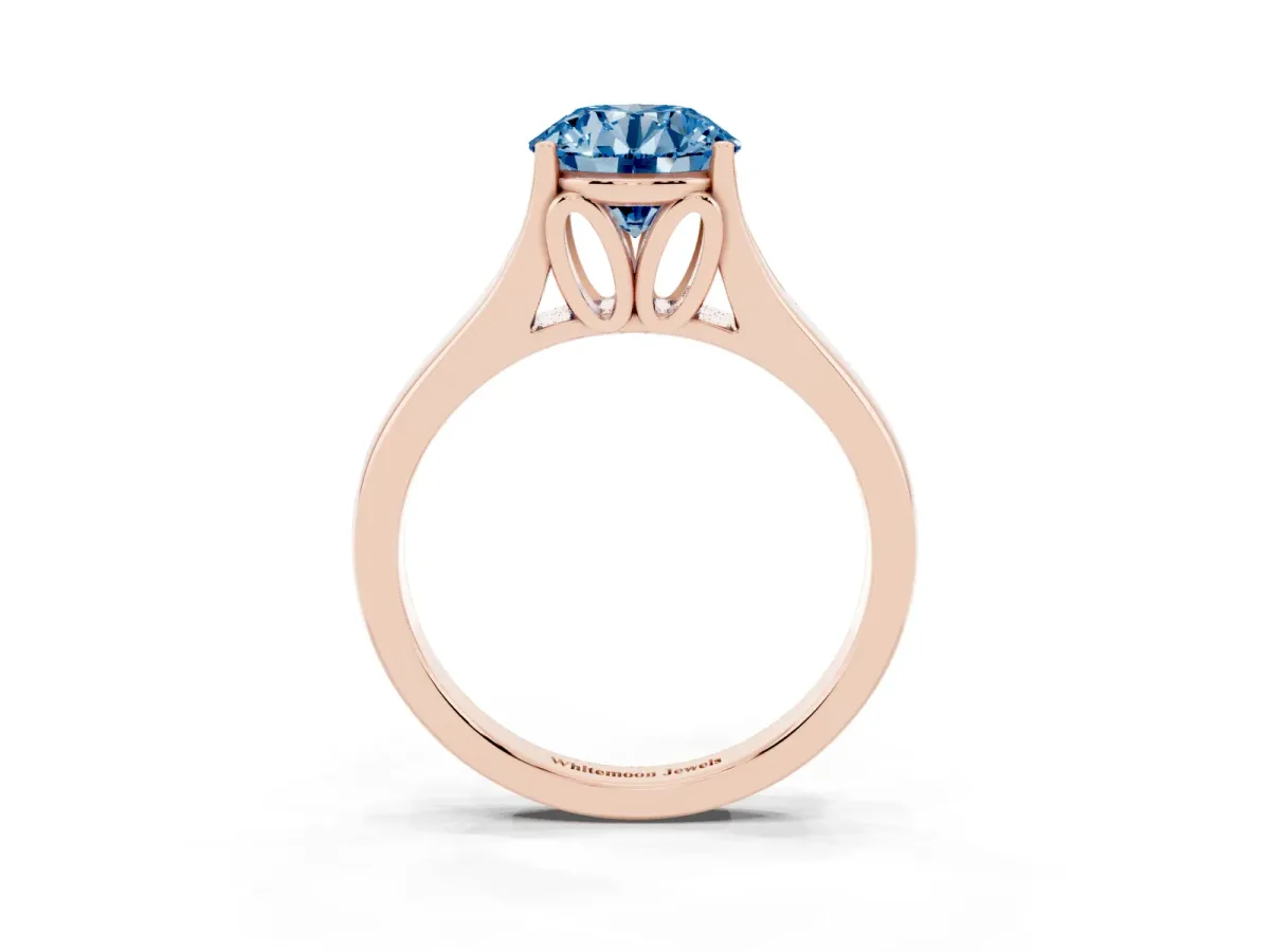 Fancy Blue Round Cut Solitaire Diamond Ring with Cathedral Band and Four-Prong Setting Rose gold