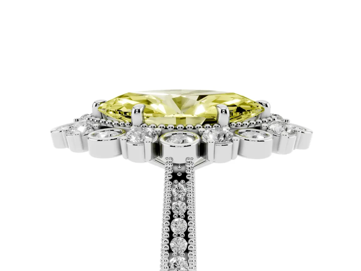 Fancy Yellow Marquise Cut Halo Milgrain Pave Diamond Ring with Four-Prong Setting Silver