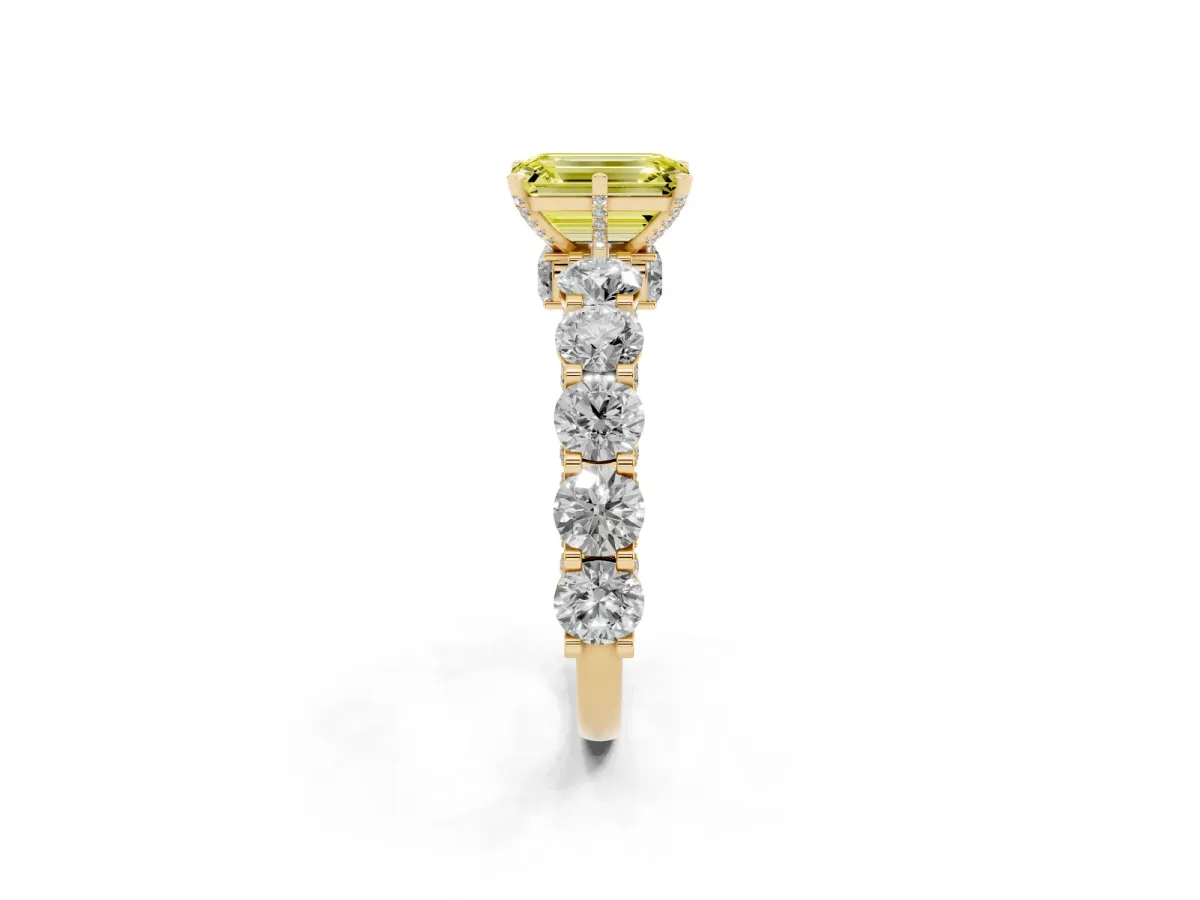 Fancy Yellow Emerald Cut Diamond Side Stone Engagement Ring with Four-Prong Setting Yellow gold