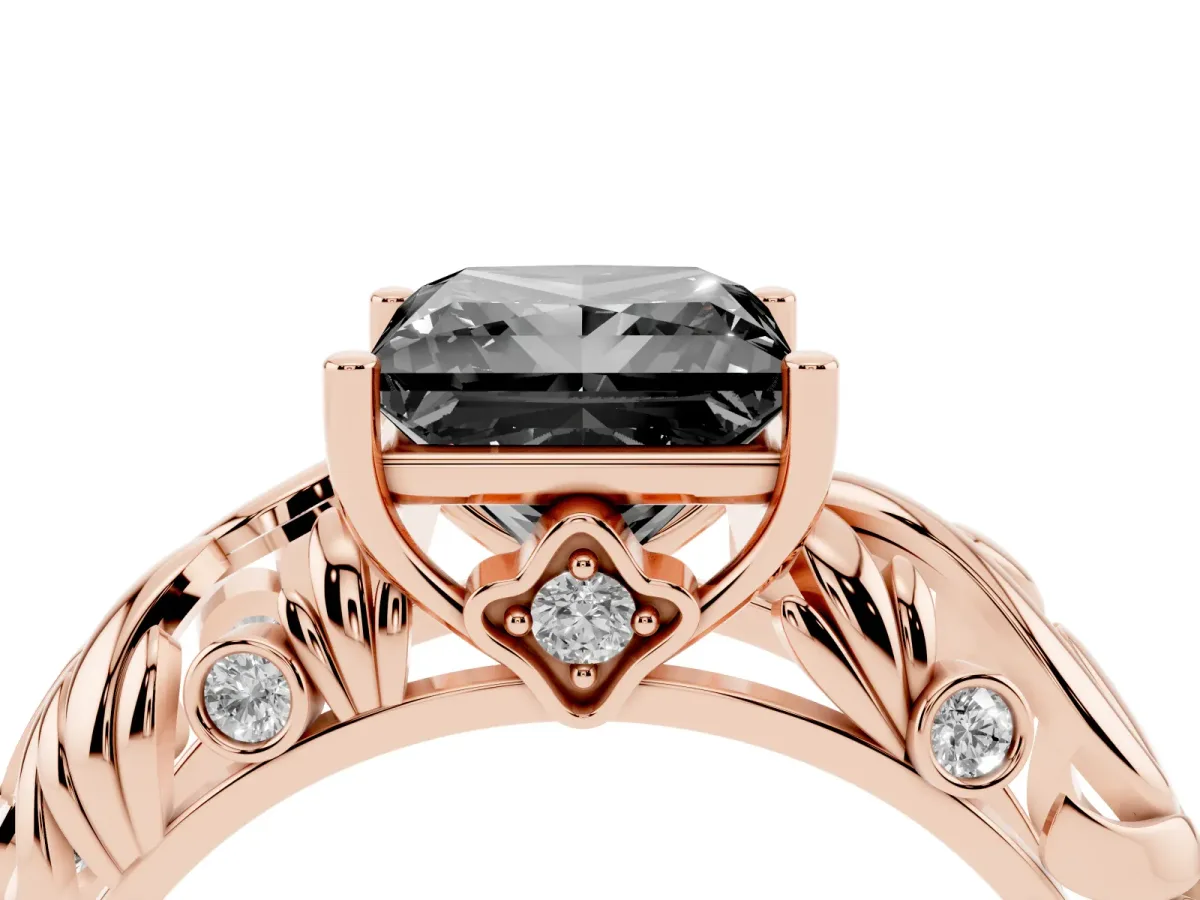 Fancy Black Princess Cut Solitaire Diamond Leaf-Inspired Vine Band Ring with Prong Setting Rose gold