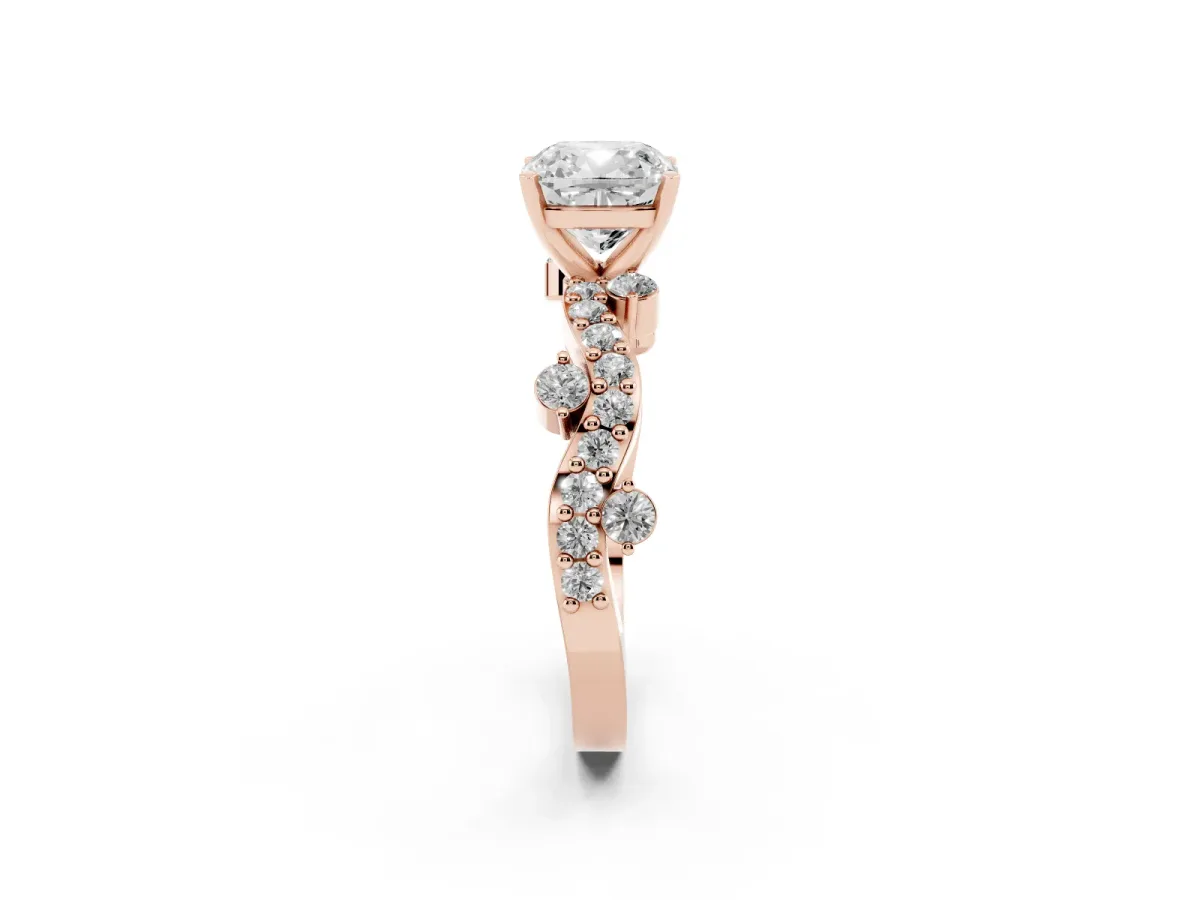 Cushion Cut Cut Solitaire Diamond Twisted Band with Pave Setting Rose gold