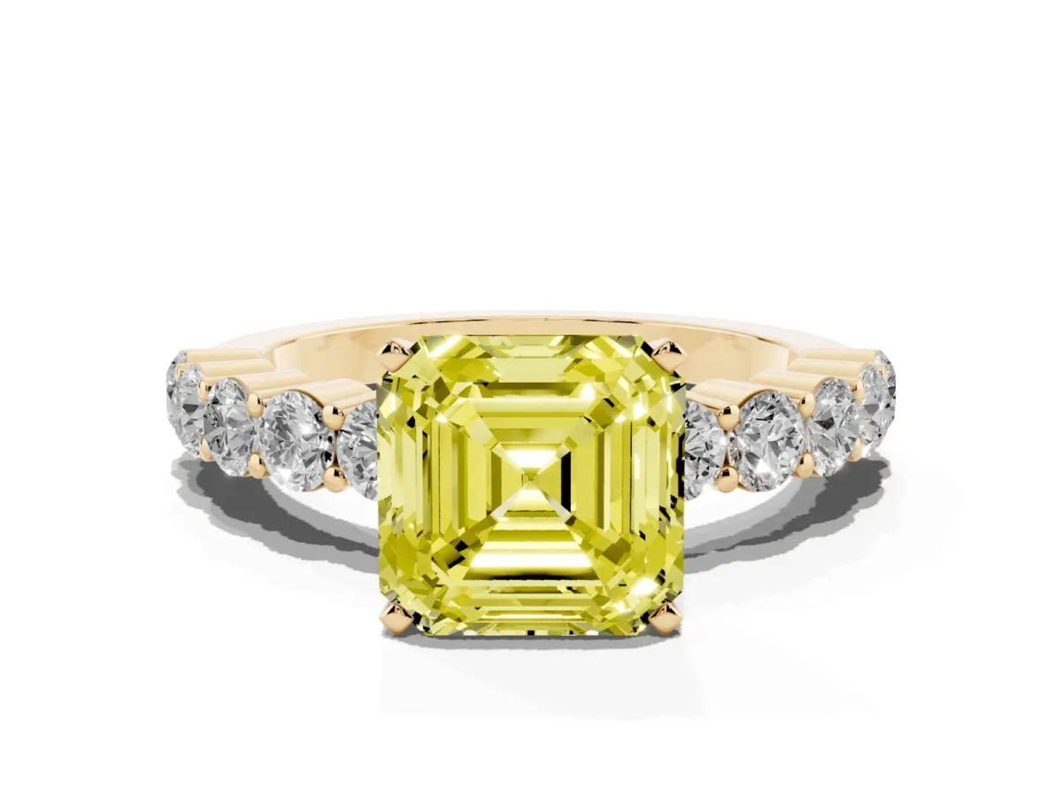 Fancy Yellow Asscher Cut Diamond Solitaire Ring with Shared Prong Round Side Stones Yellow gold