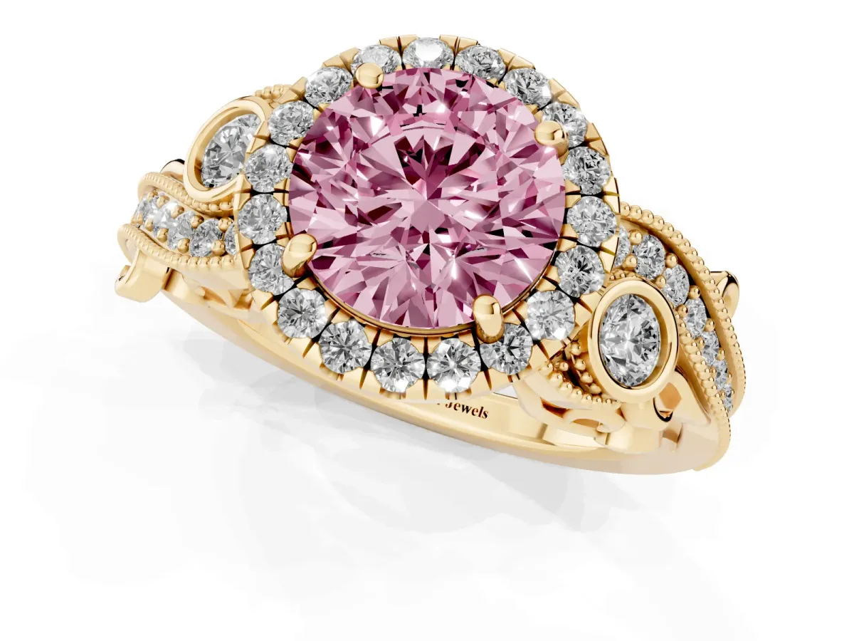 Fancy Pink Round Cut Halo Diamond Ring with Milgrain and Bezel Accents on a Split Shank Band Yellow gold