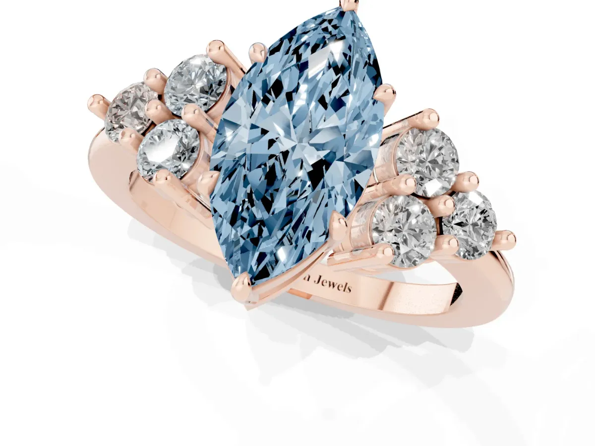 Fancy Blue Marquise Cut Brilliant Diamond Cluster Accent Solitaire Ring with Prong Setting Rose gold