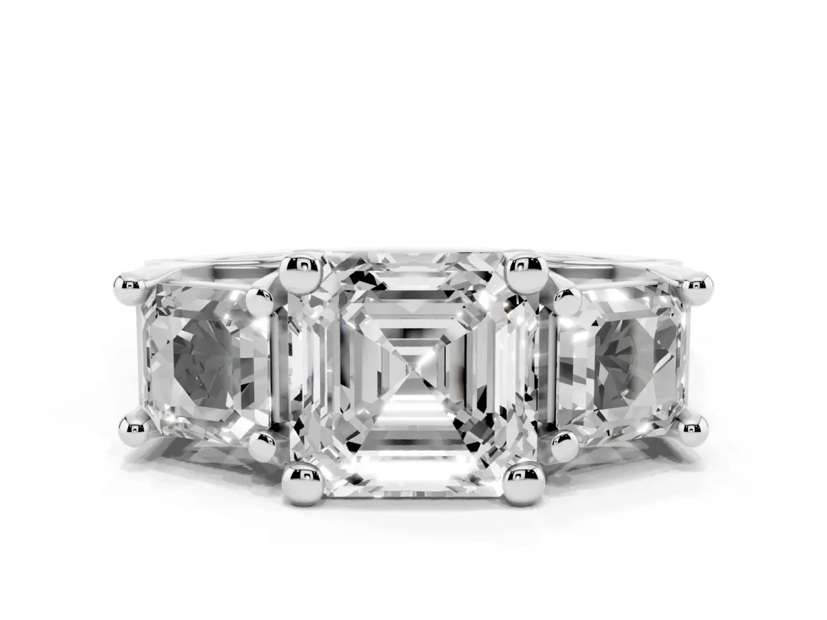 Asscher Cut Diamond Three-Stone Ring with Channel Set Band and Four-Prong Setting Silver