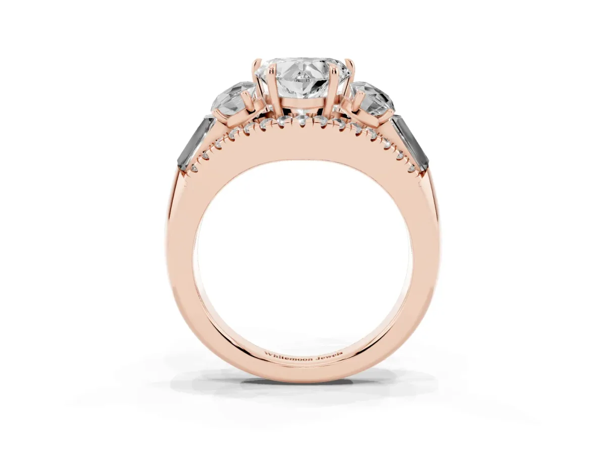 Three-Stone Heart Cut Diamond Engagement Ring with Pave Band and Prong Setting Rose gold