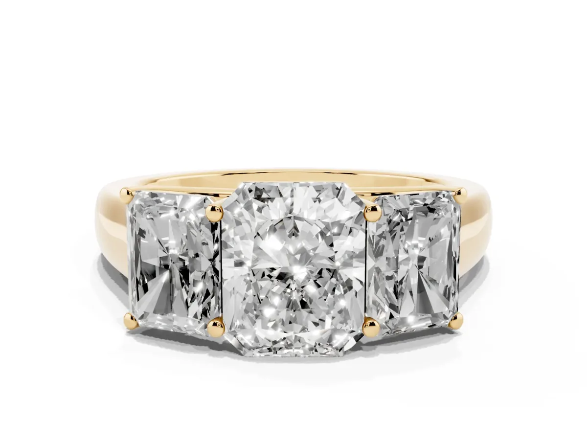 Radiant Cut Three-Stone Diamond Ring with Prong Setting on a Classic Band Yellow gold