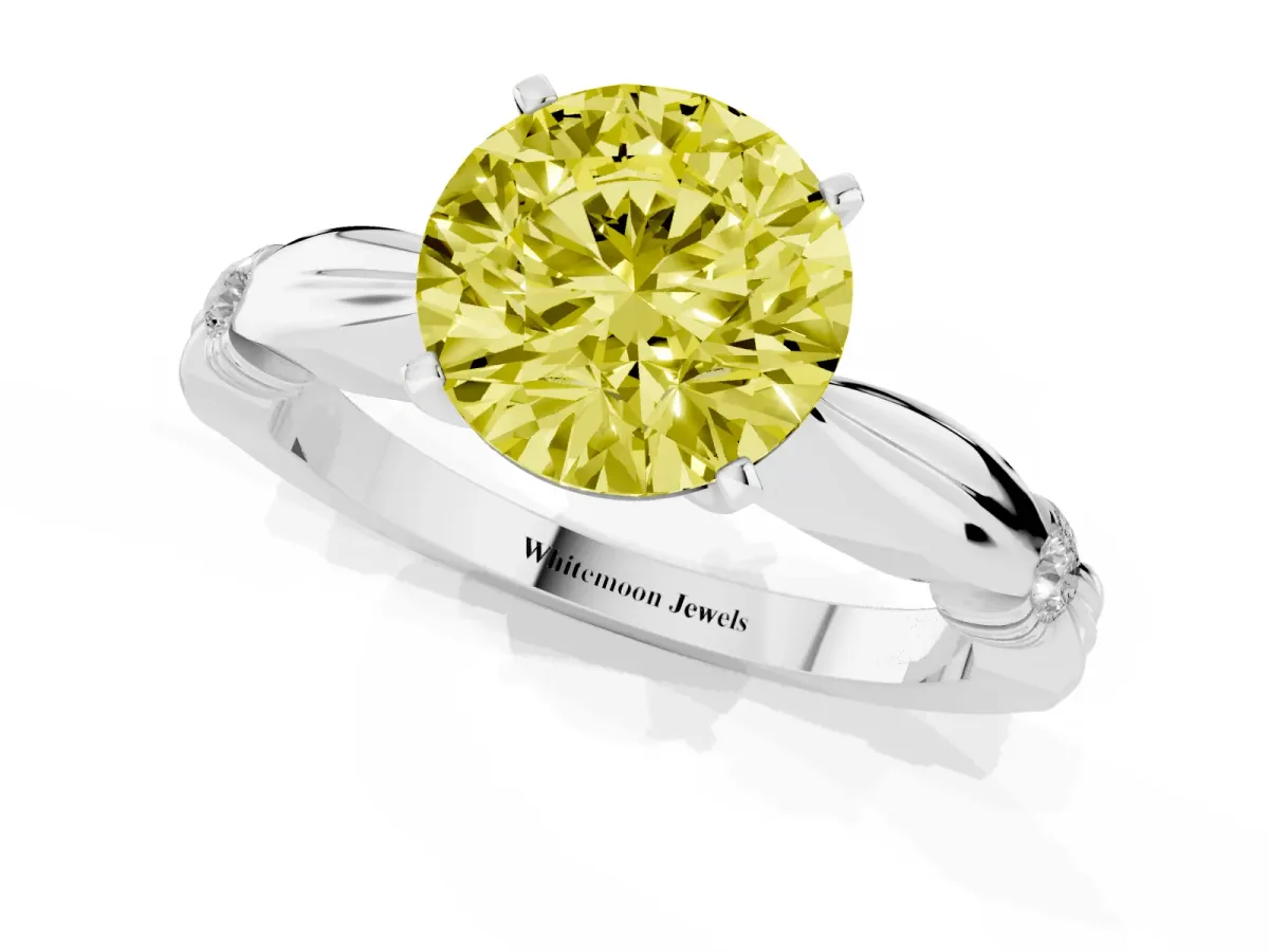 Fancy Yellow Round Cut Solitaire Diamond Twisted Band with Four-Prong Setting Platinum