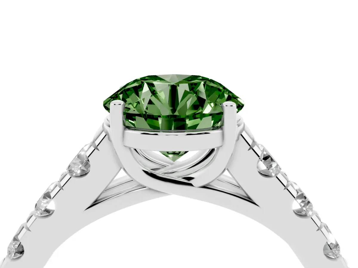 Fancy Green Round Cut Cut Diamond Solitaire Ring with Micro Pave Band and Prong Setting Silver