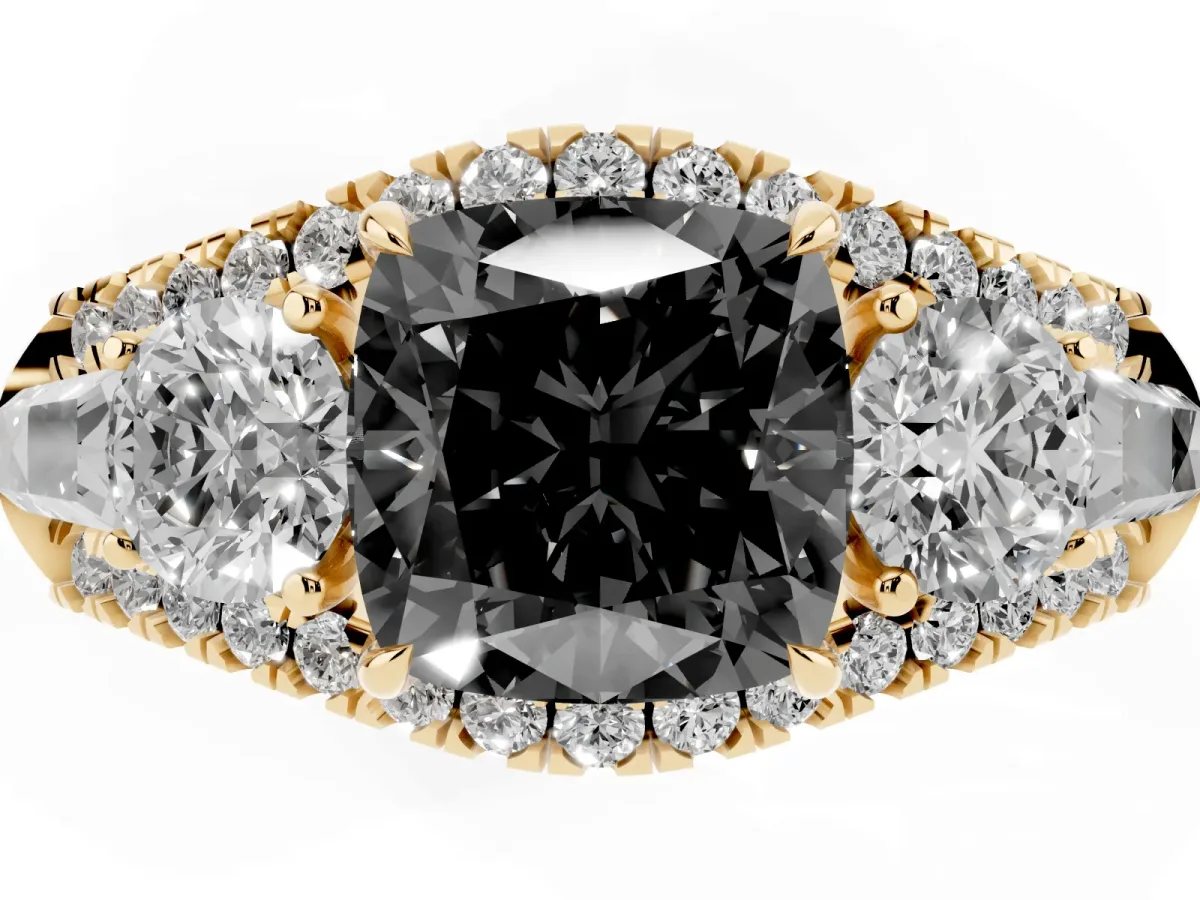 Fancy Black Three-Stone Cushion Cut Diamond Engagement Ring with Pave Band and Prong Setting Yellow gold