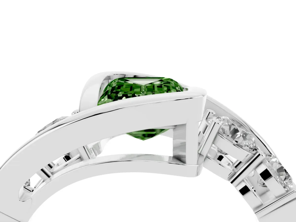 Fancy Green Bezel Set Emerald Cut Diamond Bypass Ring with Round Accents Silver