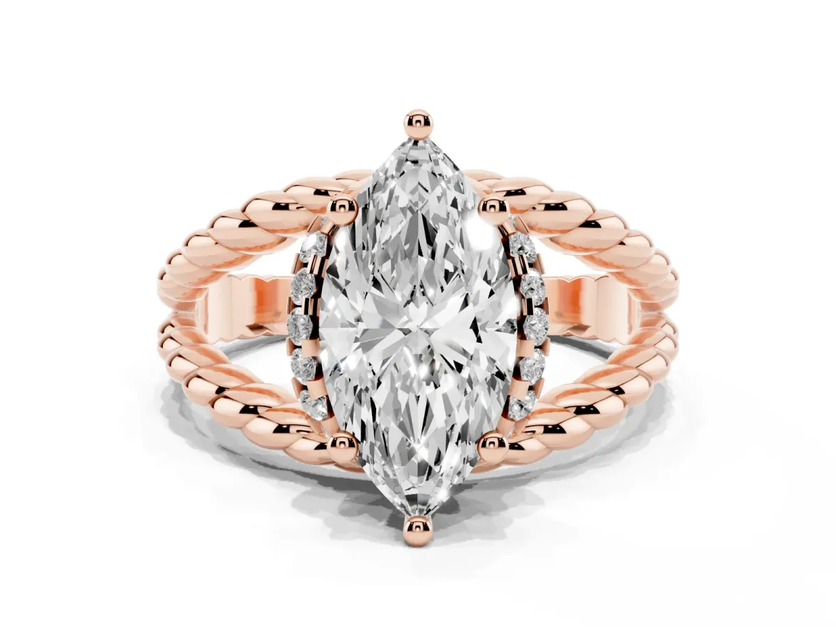Marquise Cut Halo Twisted Band Four-Prong Ring Rose gold