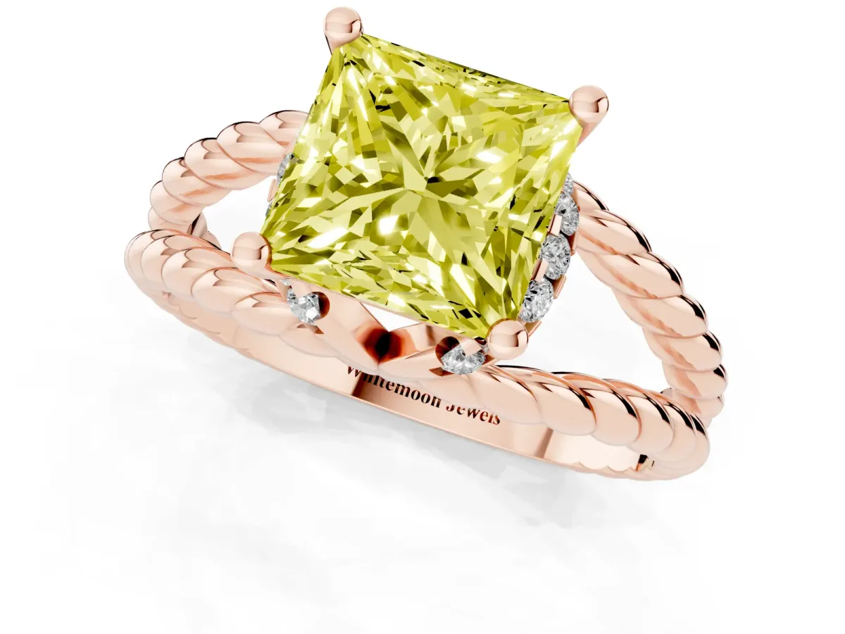 Fancy Yellow Princess Cut Halo Twisted Band Four-Prong Ring Rose gold