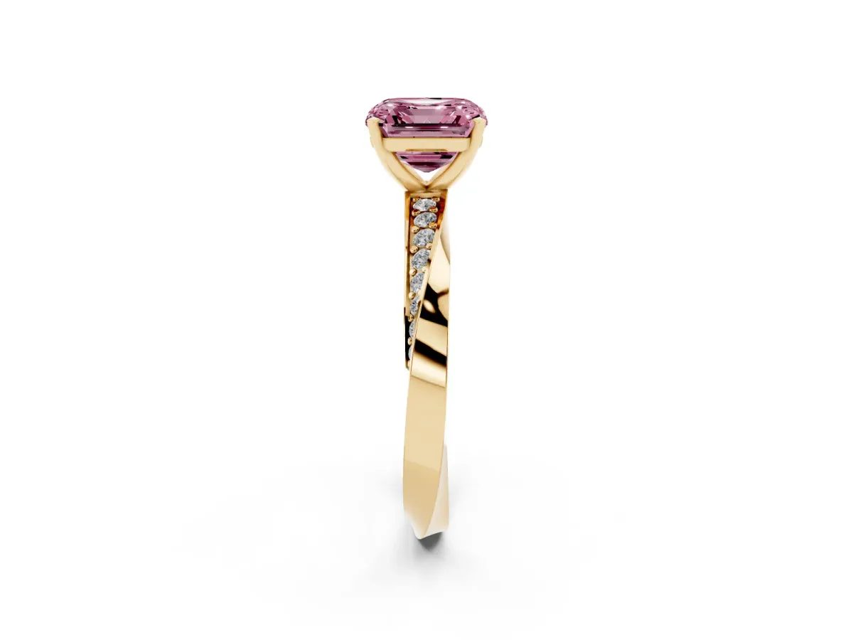 Fancy Pink Asscher Cut Diamond Engagement Ring with Side Stone Accents and Four-Prong Setting Yellow gold