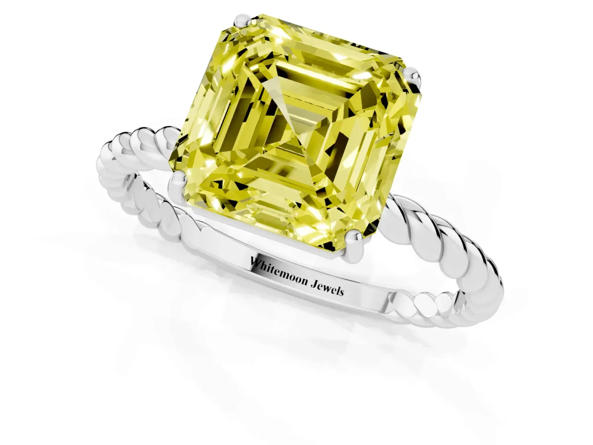 Fancy Yellow Asscher Cut Solitaire Twist Band Ring with Four-Prong Setting White gold