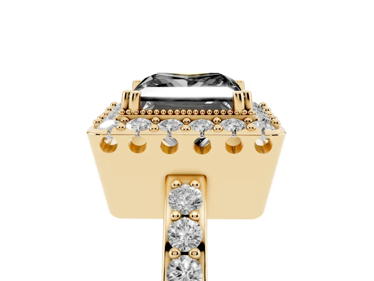 Fancy Black Princess Cut Diamond Halo Ring with Pavé Band and Prong Setting Yellow gold