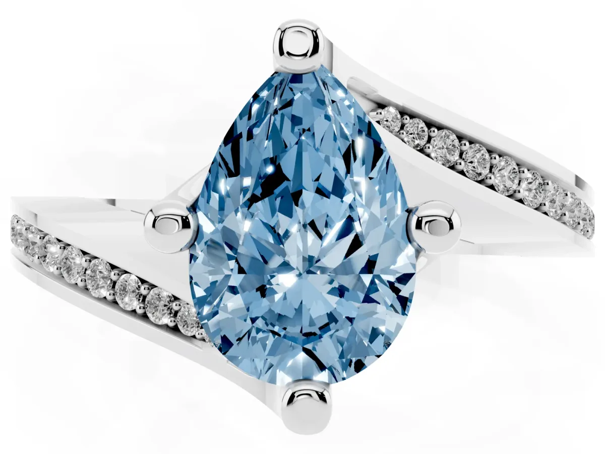 Fancy Blue Pear Cut Solitaire Diamond Twist Band with Pavé Setting and Four-Prong Setting Silver