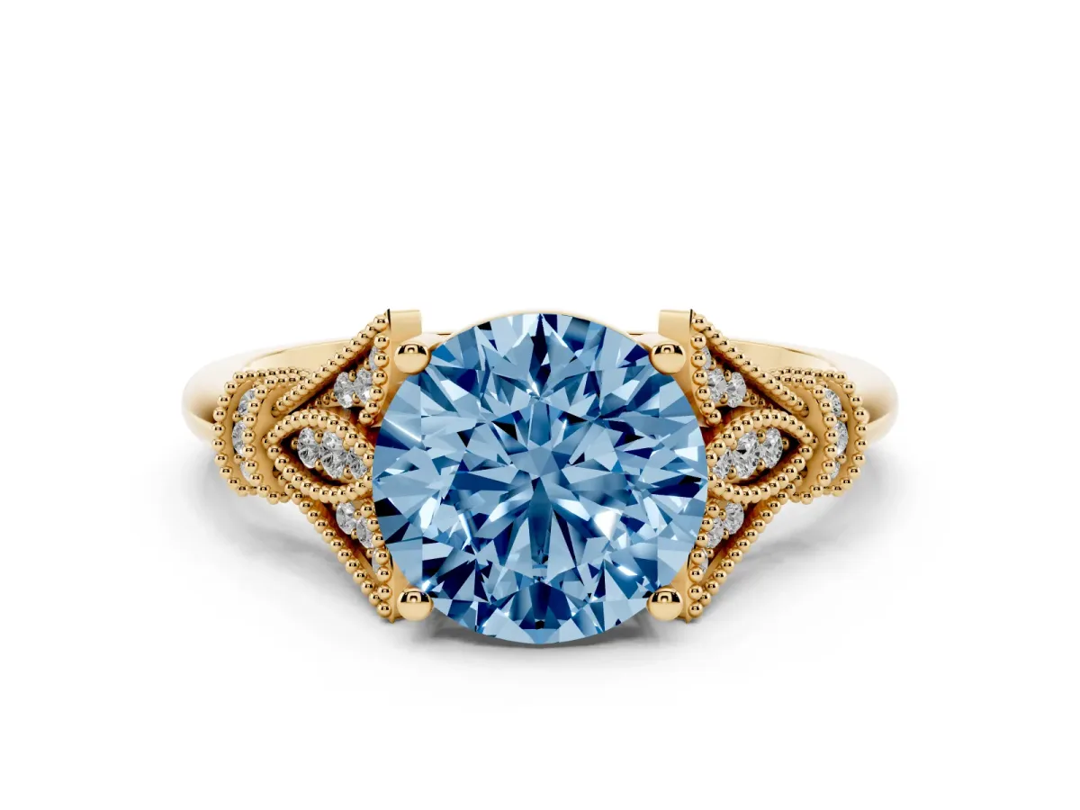 Fancy Blue Round Cut Diamond Solitaire Ring with Floral Filigree and Pave Accents Yellow gold