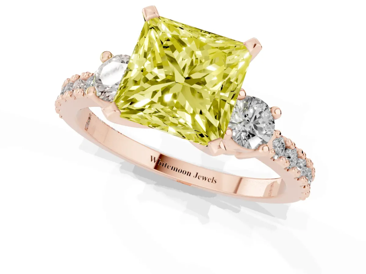 Fancy Yellow Princess Cut Three-Stone Diamond Pavé Band with Prong Setting Rose gold