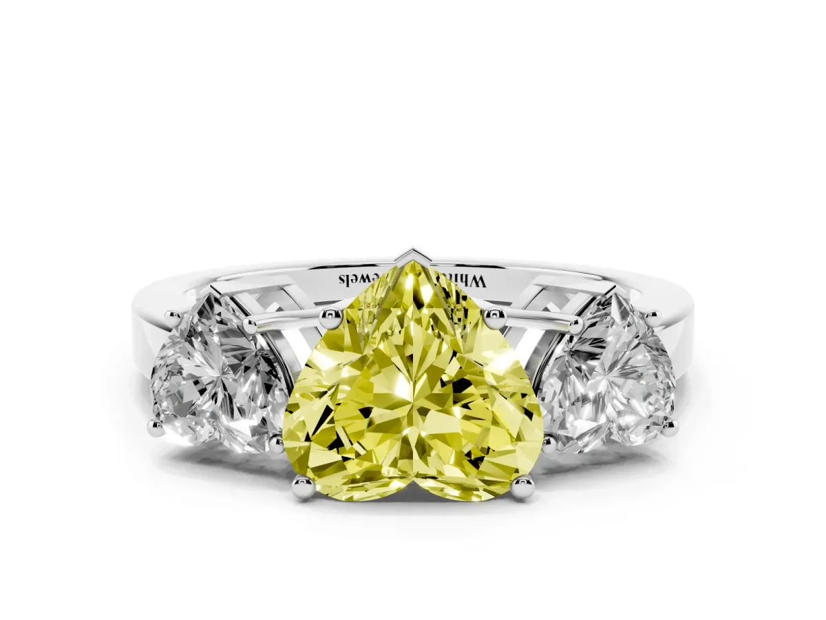Fancy Yellow Three-Stone Heart Cut Cut Diamond Engagement Ring with Flat Band and Four-Prong Setting Silver