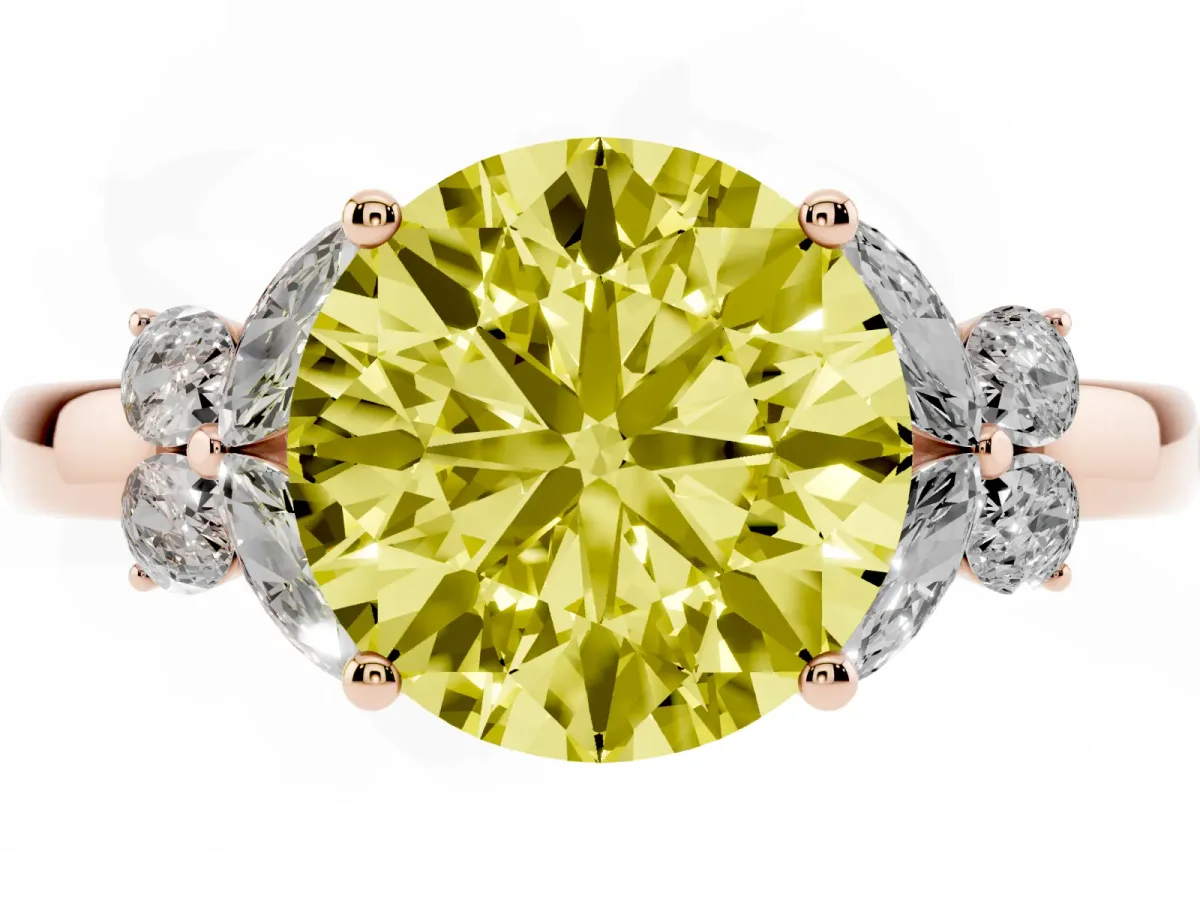 Fancy Yellow Round Cut Cut Solitaire Floral Diamond Ring with Four-Prong Setting Rose gold
