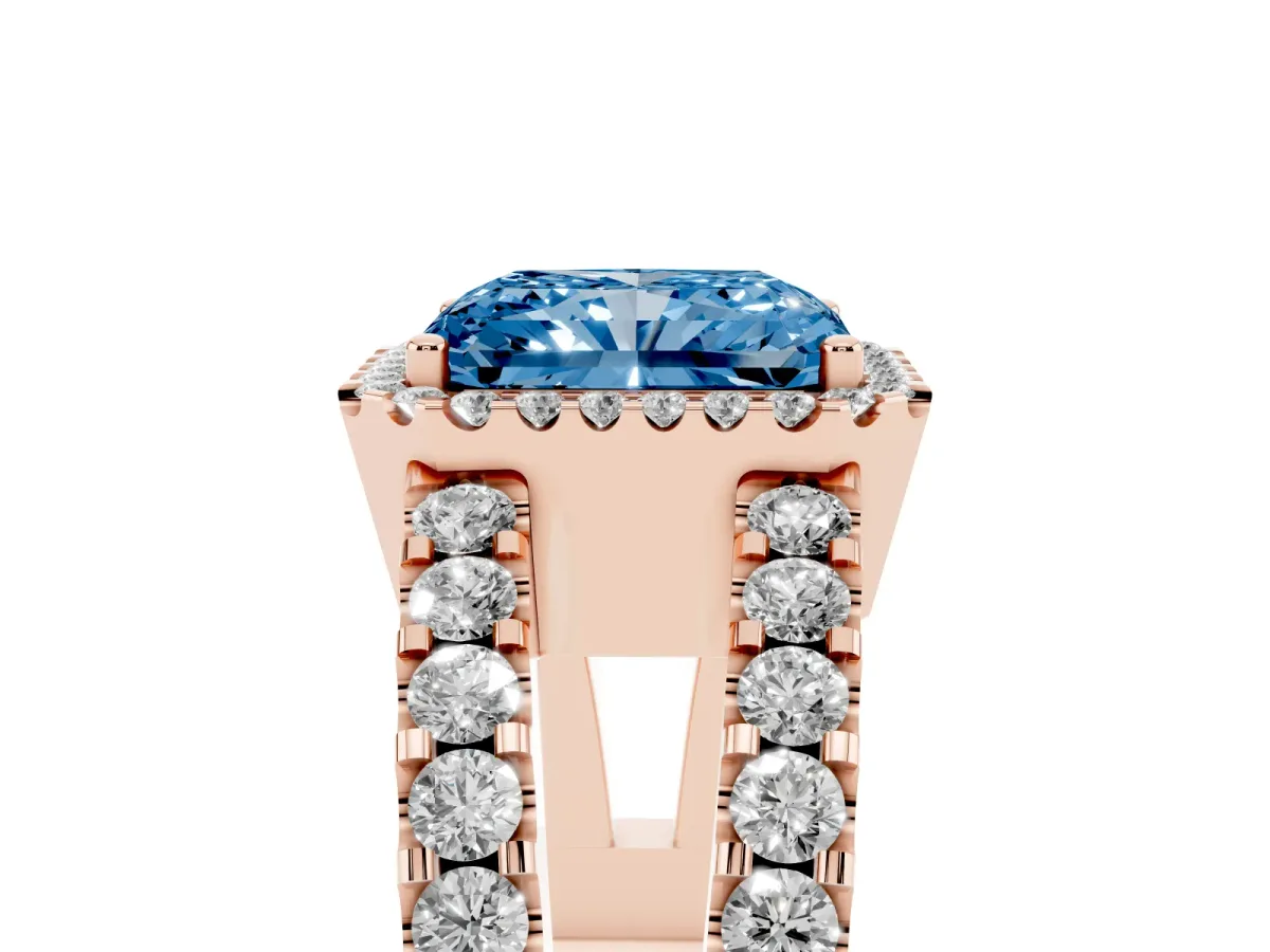 Fancy Blue Radiant Cut Cut Halo Split Shank Diamond Ring with Four-Prong Setting Rose gold