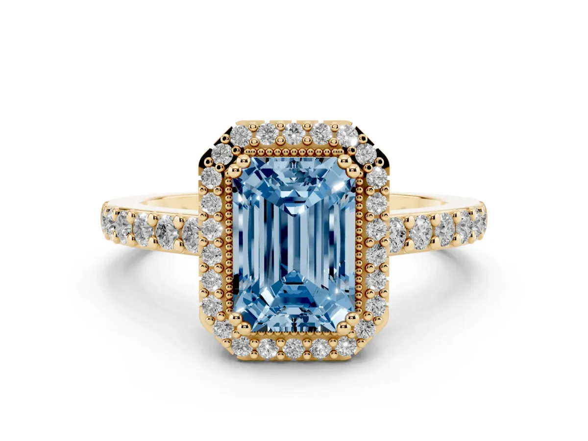 Fancy Blue Emerald Cut Cut Diamond Halo Engagement Ring with Milgrain Detail and Pavé Band Yellow gold