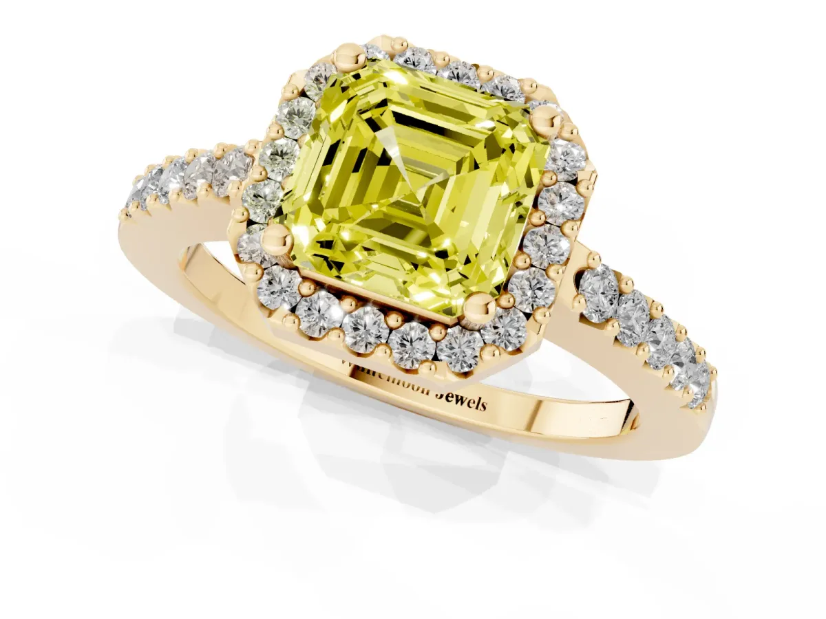Fancy Yellow Asscher Cut Halo Diamond Pavé Solitaire Ring Yellow gold