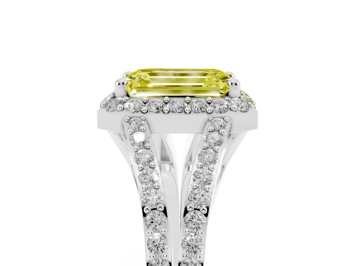 Fancy Yellow Emerald Cut Halo Split Shank Pave Diamond Ring with Four-Prong Setting Platinum