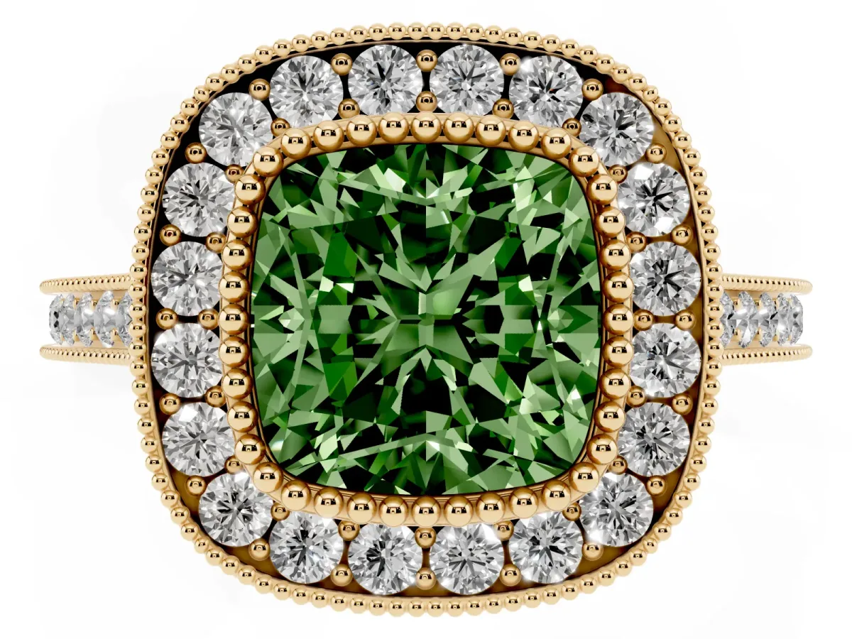 Fancy Green Cushion Cut Diamond Halo Ring with Milgrain Frame and Pavé Band Yellow gold
