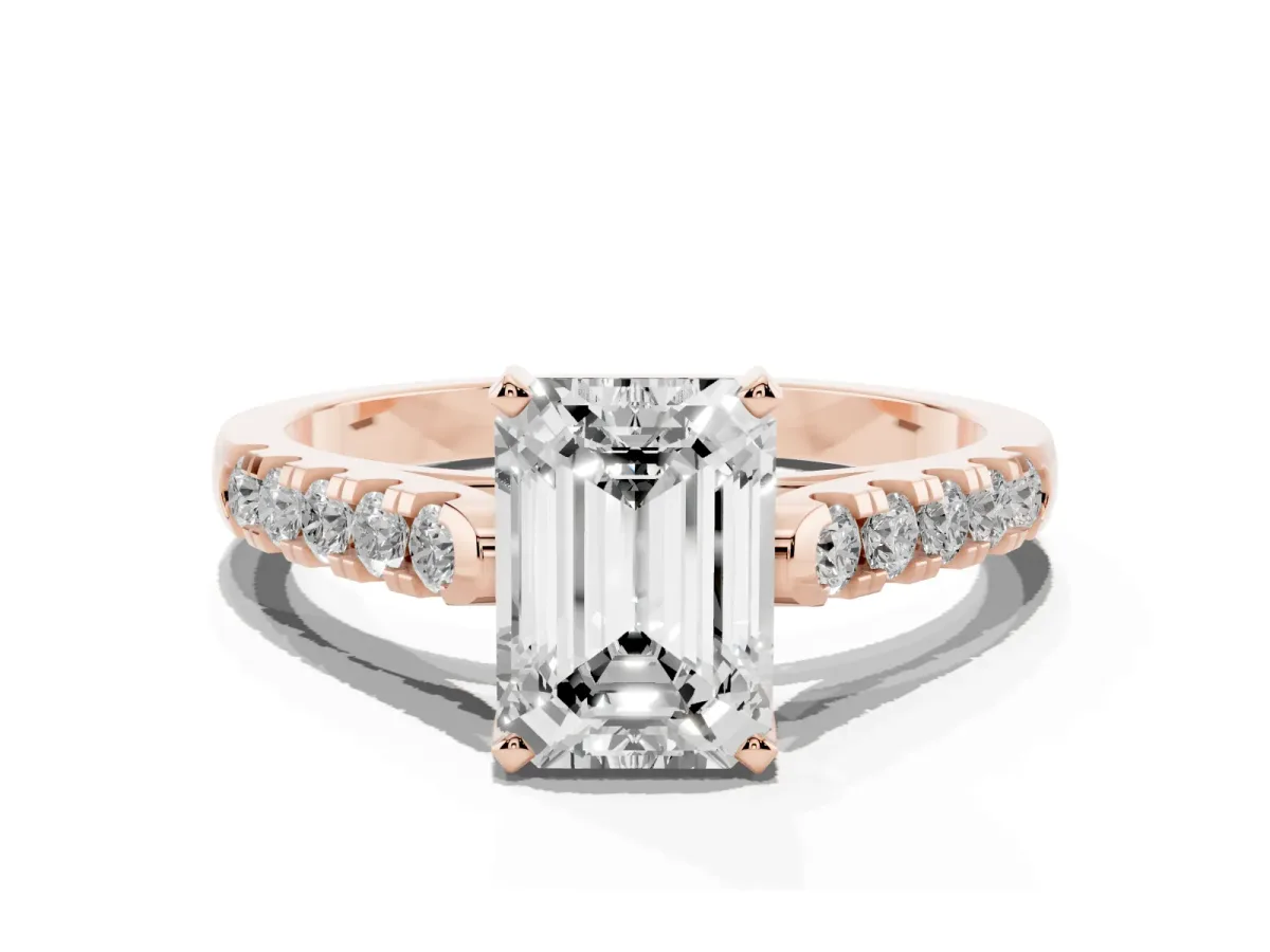 Emerald Cut Diamond Pavé Band Solitaire Ring with Prong Setting Rose gold