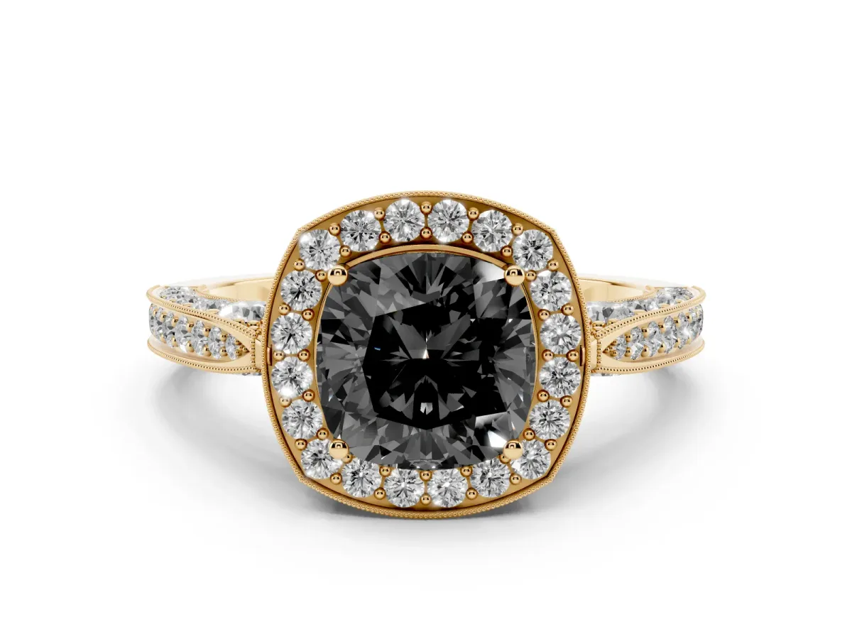 Fancy Black Cushion Cut Halo Diamond Engagement Ring with Split Shank Band and Four-Prong Setting Yellow gold