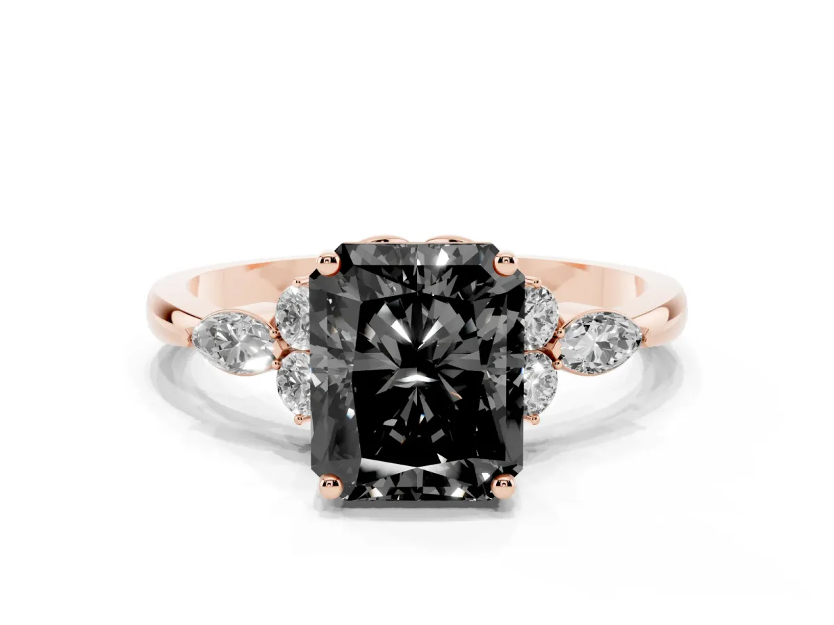 Fancy Black Radiant Cut Brilliant Diamond Solitaire Ring with Pear Side Stones and Four-Prong Setting Rose gold