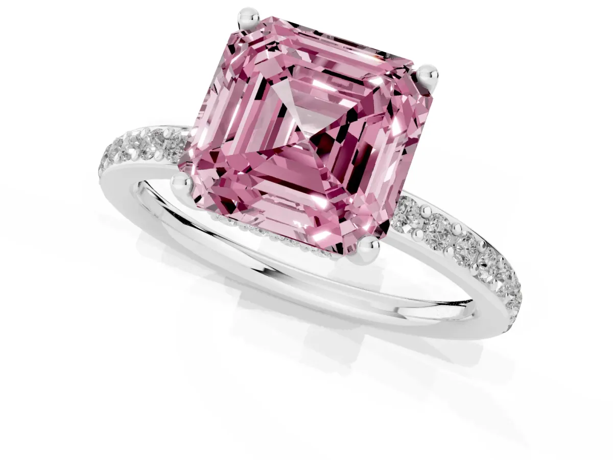 Fancy Pink Asscher Cut Cut Diamond Pavé Band Ring with Four-Prong Setting Platinum