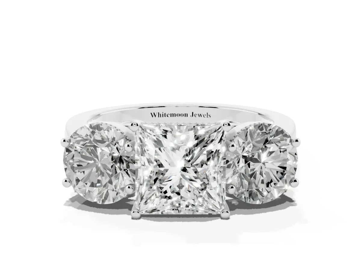 Three-Stone Princess Cut Diamond Engagement Ring with Prong Setting on a Classic Band Silver