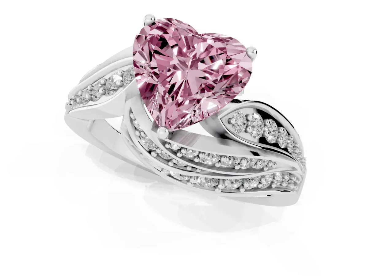 Fancy Pink Heart Cut Diamond Solitaire Ring with Prong Setting and Twisted Pavé Band Silver